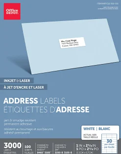 Office DepotĀ® Brand Inkjet/Laser Address Labels, Rectangle, 1" x 2 5/8", White, Pack Of 3,000