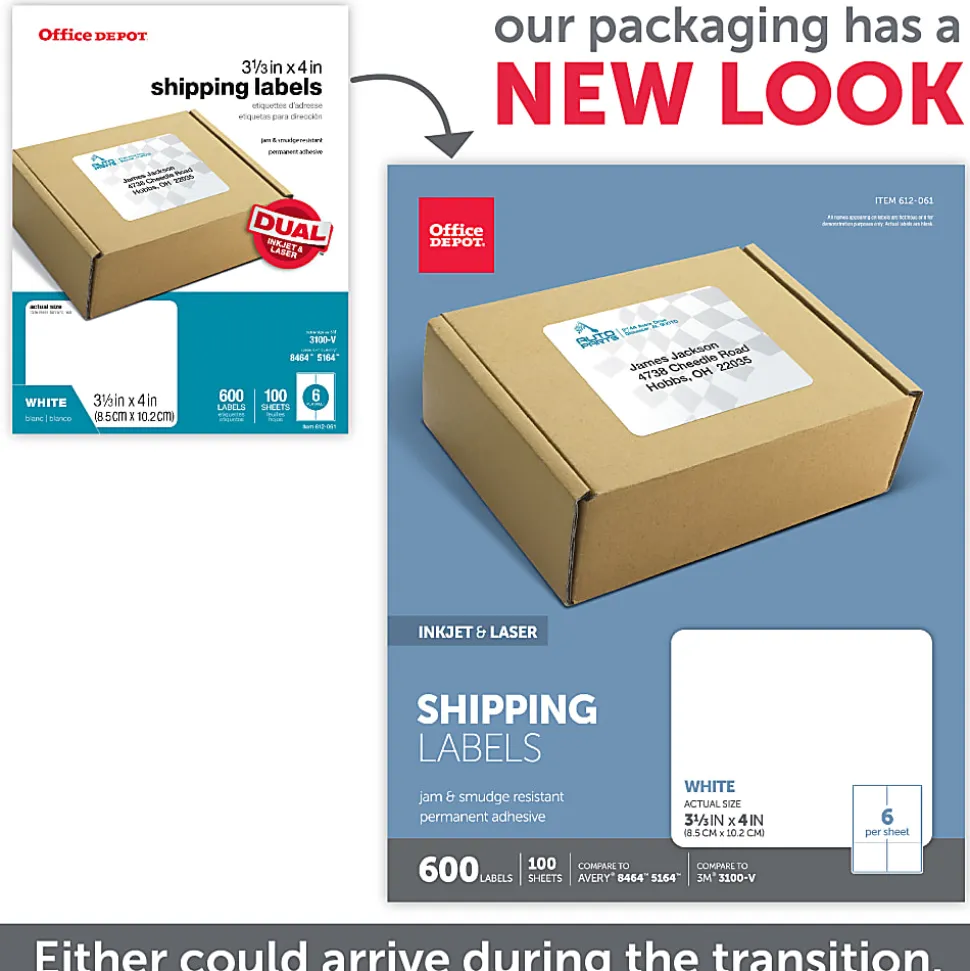 Office Depot® Brand Inkjet/Laser Shipping Labels, Rectangle, 3 1/3" x 4", White, Pack Of 600