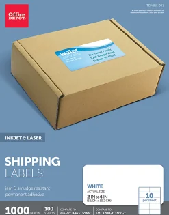 Office Depot® Brand Inkjet/Laser Shipping Labels, Rectangle, 2" x 4", White, Pack Of 1,000