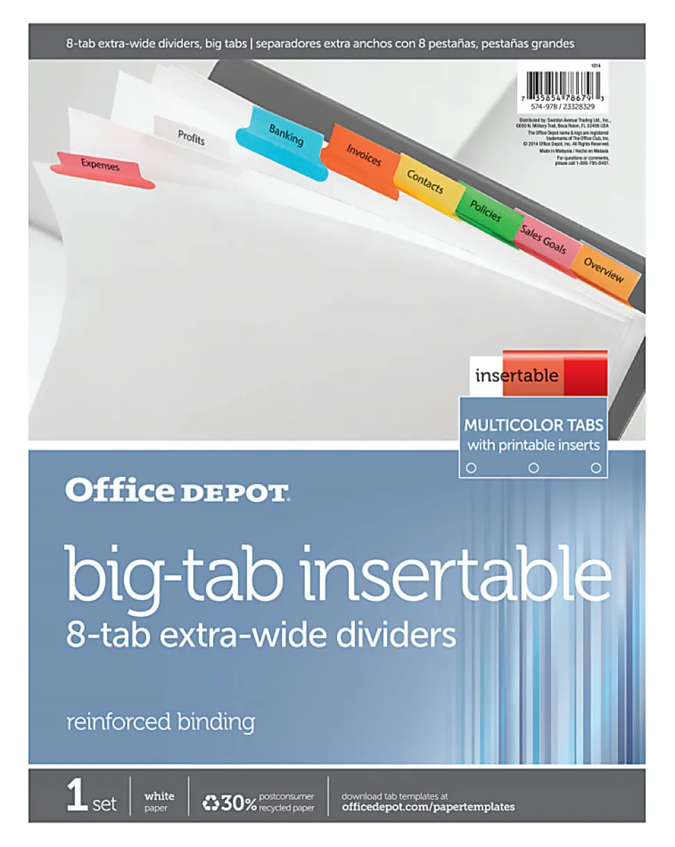 Office Depot® Brand Insertable Extra-Wide Dividers With Big Tabs, Assorted Colors, 8-Tab