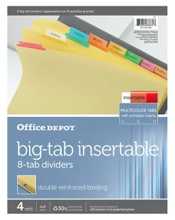 Office Depot® Brand Insertable Dividers With Big Tabs, Buff, Assorted Colors, 8-Tab, Pack Of 4 Sets