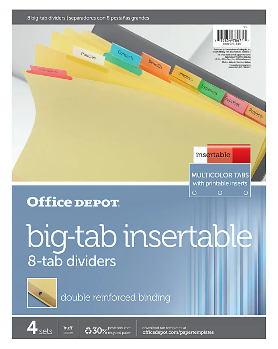 Office Depot® Brand Insertable Dividers With Big Tabs, Buff, Assorted Colors, 8-Tab, Pack Of 4 Sets