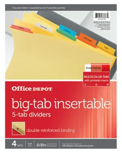 Office Depot® Brand Insertable Dividers With Big Tabs, Buff, Assorted Colors, 5-Tab, Pack Of 4 Sets