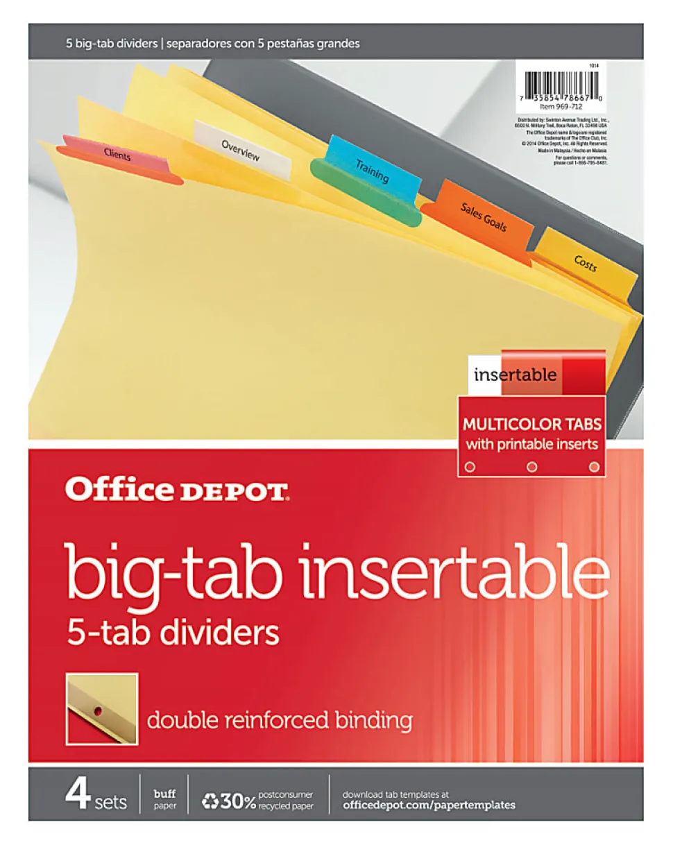 Office Depot® Brand Insertable Dividers With Big Tabs, Buff, Assorted Colors, 5-Tab, Pack Of 4 Sets