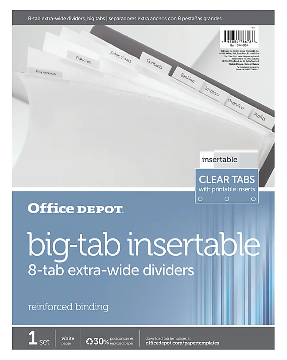 Office Depot® Brand Insertable Extra-Wide Dividers With Big Tabs, Clear, 8-Tab