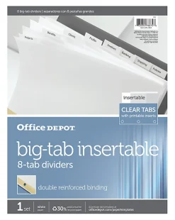 Office Depot® Brand Insertable Dividers With Big Tabs, White, Clear Tabs, Set Of 8
