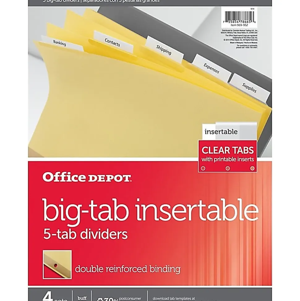 Office Depot® Brand Insertable Dividers With Big Tabs, Buff, Clear Tabs, 5-Tab, Pack Of 4 Sets