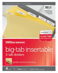 Office Depot® Brand Insertable Dividers With Big Tabs, Buff, Clear Tabs, 5-Tab, Pack Of 4 Sets