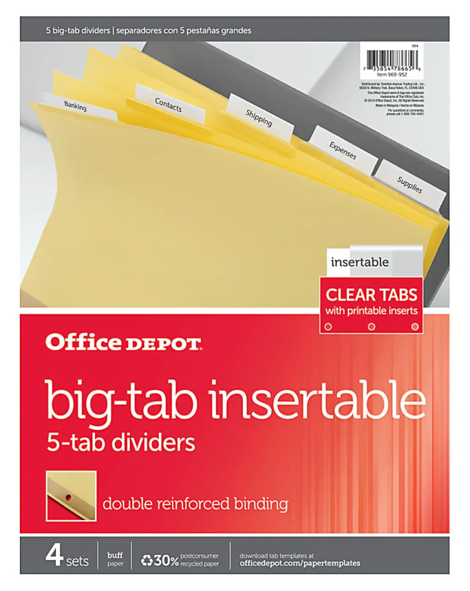 Office Depot® Brand Insertable Dividers With Big Tabs, Buff, Clear Tabs, 5-Tab, Pack Of 4 Sets