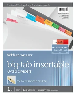 Office Depot® Brand Insertable Dividers With Big Tabs, White, Assorted Colors, 8-Tab