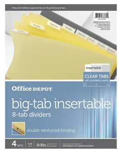 Office DepotĀ® Brand Insertable Dividers With Big Tabs, Buff, Clear Tabs, 8-Tab, Pack Of 4 Sets