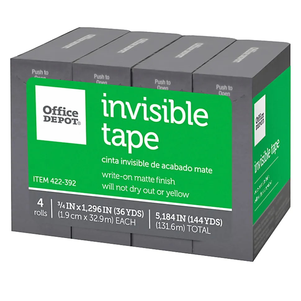 Office Depot® Brand Invisible Tape, 3/4" x 1296", Clear, Pack of 4 rolls