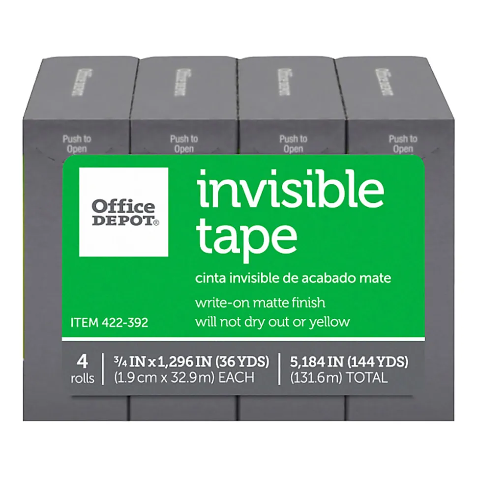 Office Depot® Brand Invisible Tape, 3/4" x 1296", Clear, Pack of 4 rolls