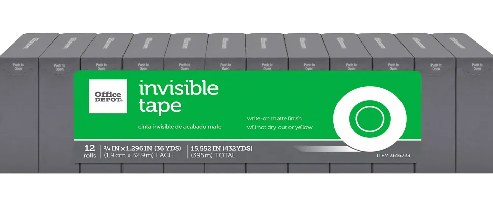 Office Depot® Brand Invisible Tape, 3/4" x 1296", Clear, Pack of 12 Rolls