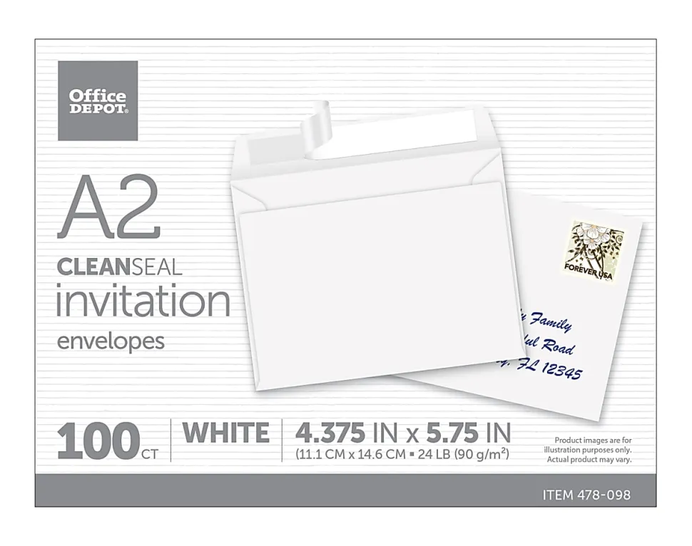 Office Depot® Brand Invitation Envelopes, A2, 4-3/8" x 5-3/4", Clean Seal, White, Box Of 100