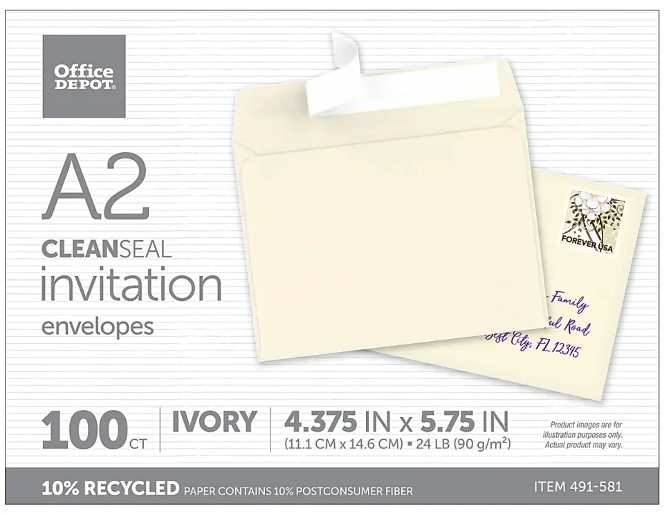 Office Depot® Brand Invitation Envelopes, A2, 4-3/8" x 5-3/4", Clean Seal, Ivory, Box Of 100