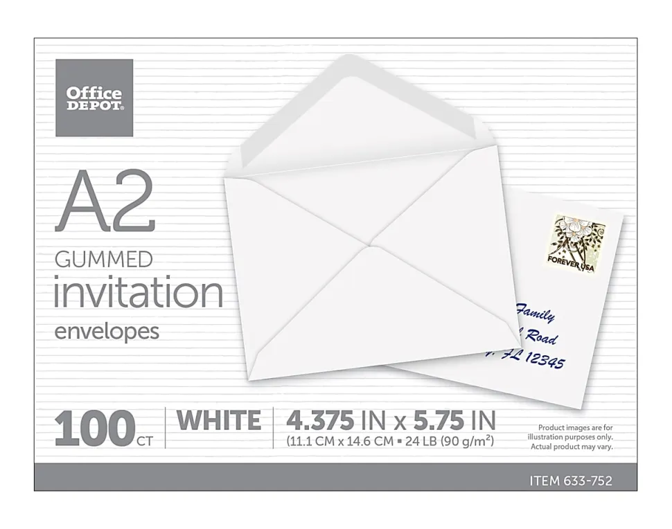 Office Depot® Brand Invitation Envelopes, A2, 4-3/8" x 5-3/4", Gummed Seal, White, Box Of 100