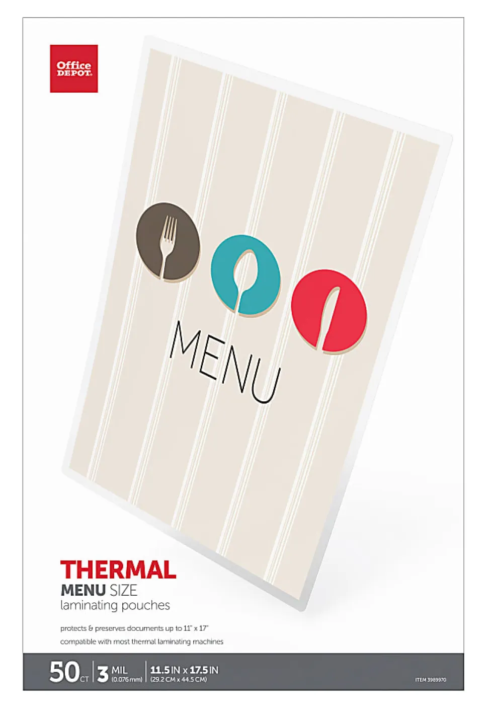 Office Depot® Brand Laminating Pouches, Menu Size, 3 Mil, 11-1/2" x 17-1/2", Pack Of 50