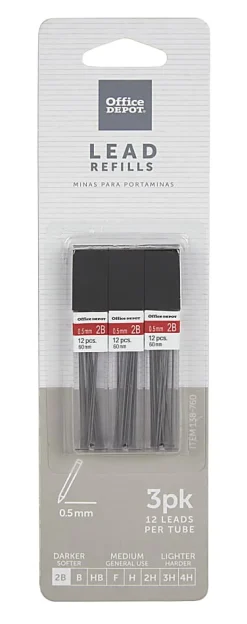 Office DepotĀ® Brand Lead Refills, 0.5 mm, 2B Hardness, Tube Of 12 Leads, Pack Of 3 Tubes