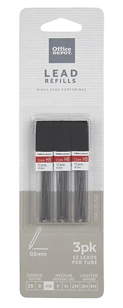 Office Depot® Brand Lead Refills, 0.5 mm, HB Hardness, Tube Of 12 Leads, Pack Of 3 Tubes