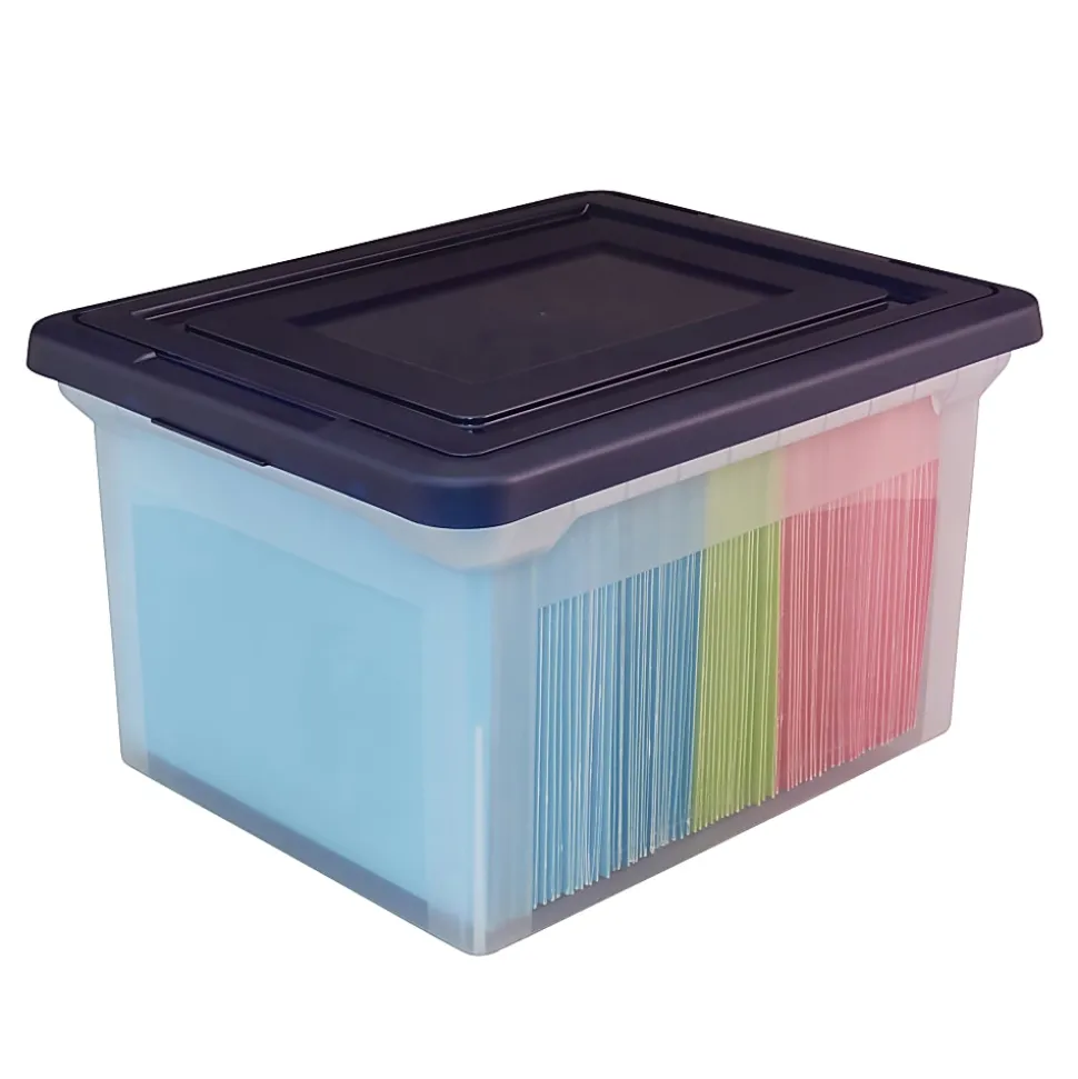 Office Depot® Brand Letter And Legal File Tote, 18"L x 14 1/4"W x 10 7/8"H, Clear/Blue