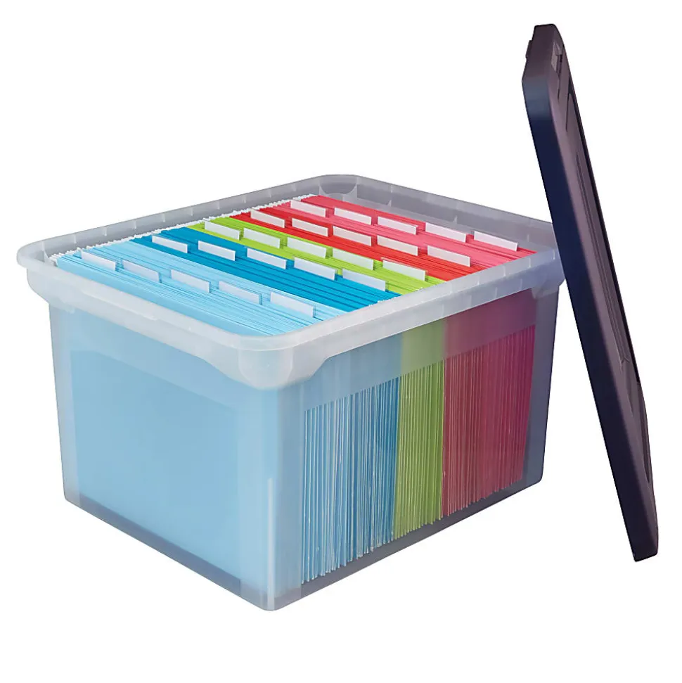Office Depot® Brand Letter And Legal File Tote, 18"L x 14 1/4"W x 10 7/8"H, Clear/Blue