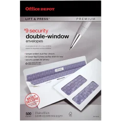 Office Depot® Brand #9 Lift & Press™ Premium Security Envelopes, Double-Window, Self Seal, 100% Recycled, White, Box Of 500