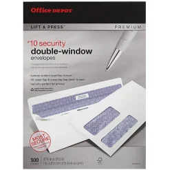 Office Depot® Brand #10 Lift & Press™ Premium Security Envelopes, Double-Window, Self Seal, 100% Recycled, White, Box Of 500