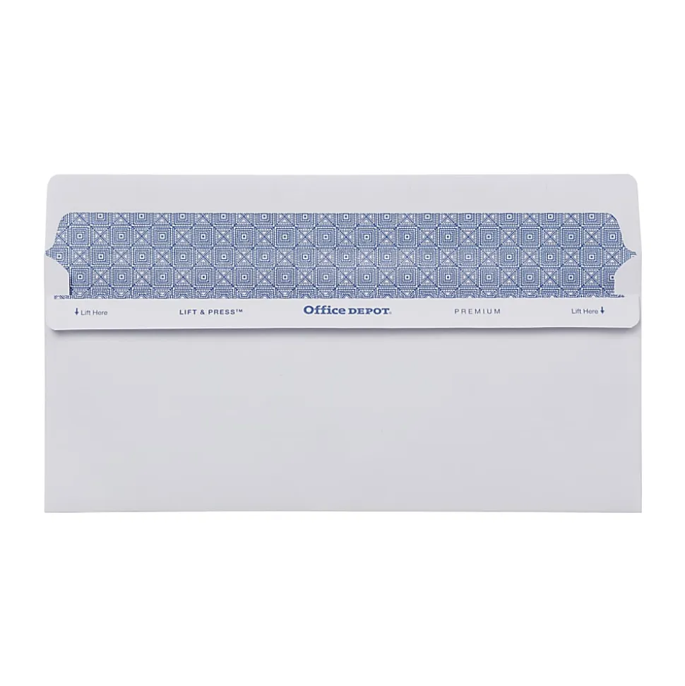 Office Depot® Brand #10 Lift & Press™ Premium Security Envelopes, Left Window, Self Seal, 100% Recycled, White, Box Of 250