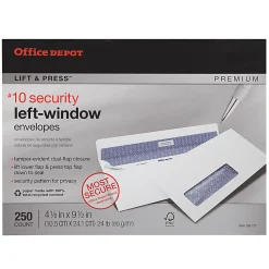 Office Depot® Brand #10 Lift & Press™ Premium Security Envelopes, Left Window, Self Seal, 100% Recycled, White, Box Of 250