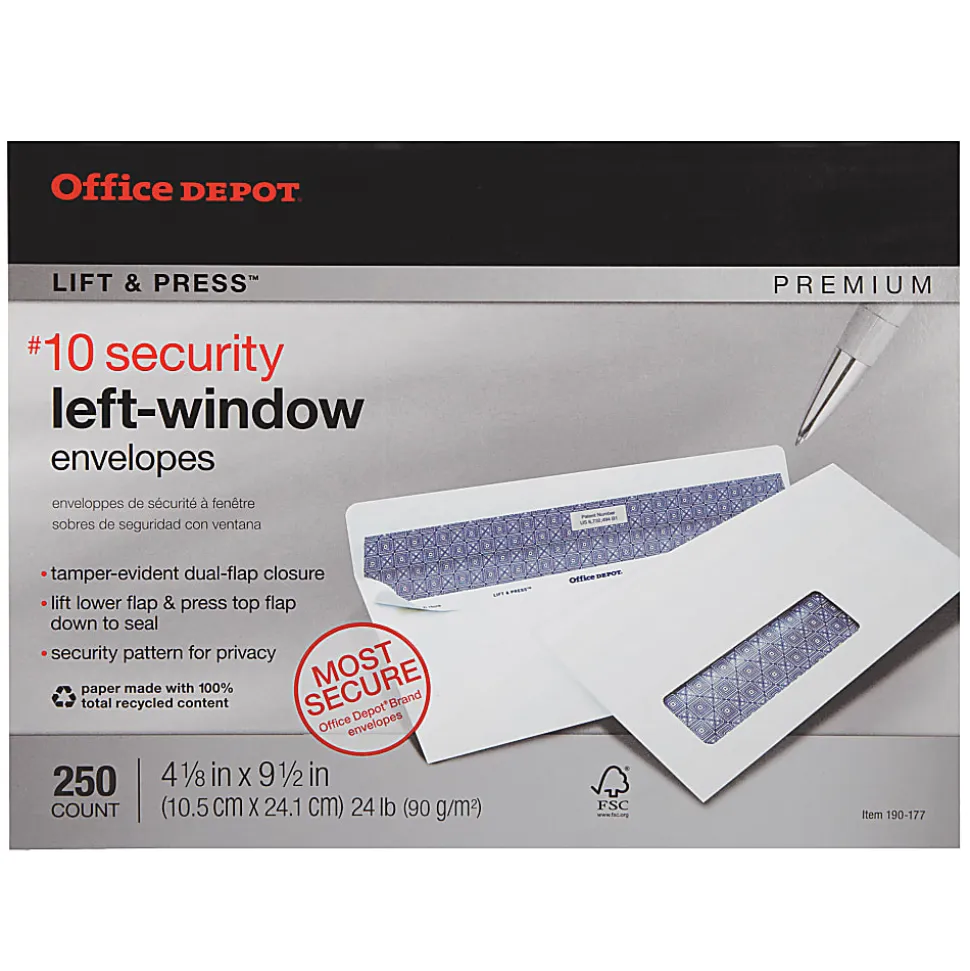 Office Depot® Brand #10 Lift & Press™ Premium Security Envelopes, Left Window, Self Seal, 100% Recycled, White, Box Of 250