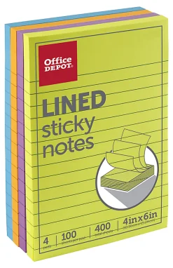 Office Depot® Brand Lined Sticky Notes, 4" x 6", Assorted Vivid Colors, 100 Sheets Per Pad, Pack Of 4 Pads