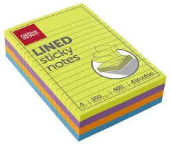 Office Depot® Brand Lined Sticky Notes, 4" x 6", Assorted Vivid Colors, 100 Sheets Per Pad, Pack Of 4 Pads