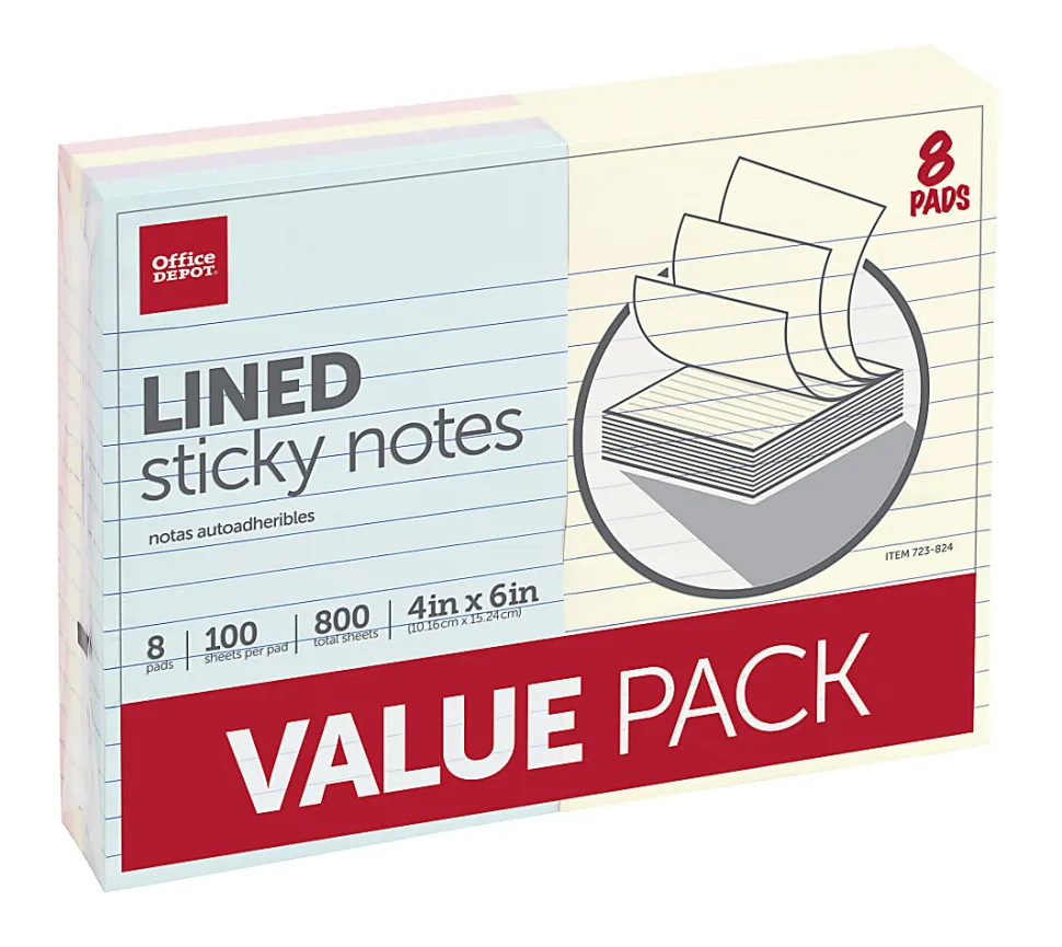 Office Depot® Brand Lined Sticky Notes, 4 in x 6 in, Assorted Pastel Colors, 100 Sheets Per Pad, Pack Of 8