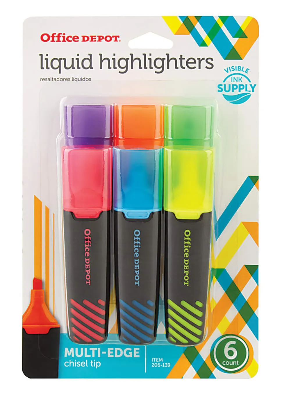 Office Depot® Brand Liquid Highlighters, Chisel Point, Black/Translucent Barrel, Assorted Ink Colors, Pack Of 6