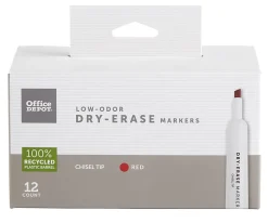 Office Depot® Brand Low-Odor Dry-Erase Markers, Chisel Point, 100% Recycled Plastic Barrel, Red, Pack Of 12