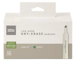 Office DepotĀ® Brand Low-Odor Dry-Erase Markers, Chisel Point, 100% Recycled Plastic Barrel, Green, Pack Of 12