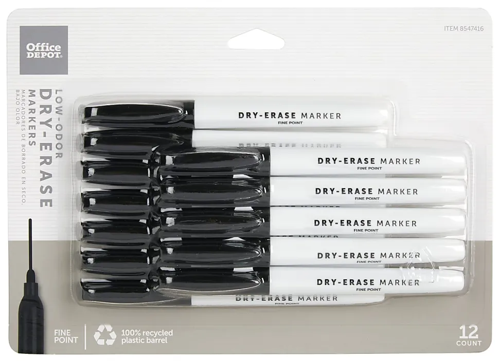 Office Depot® Brand Low-Odor Pen-Style Dry-Erase Markers, Fine Point, 100% Recycled Plastic Barrel, Black Ink, Pack Of 5