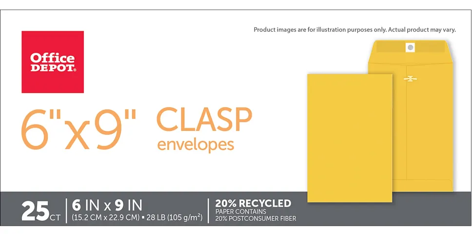 Office Depot® Brand Manila Envelopes, 6" x 9", Clasp Closure, Brown Kraft, Pack Of 25