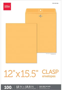Office Depot® Brand Manila Envelopes, 12" x 15-1/2", Clasp Closure, Brown Kraft, Box Of 100