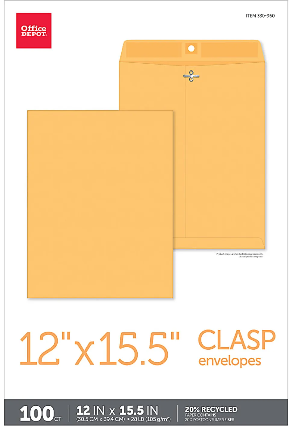 Office Depot® Brand Manila Envelopes, 12" x 15-1/2", Clasp Closure, Brown Kraft, Box Of 100