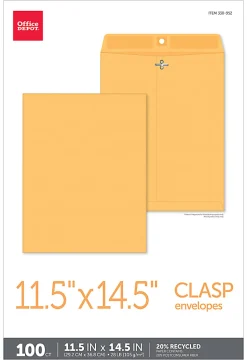 Office Depot® Brand Manila Envelopes, 11-1/2" x 14-1/2", Clasp Closure, Brown Kraft, Box Of 100