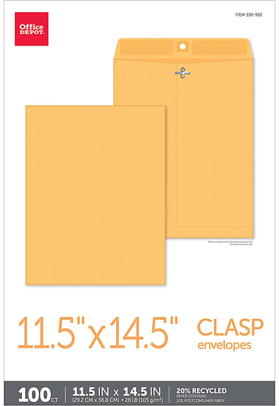 Office Depot® Brand Manila Envelopes, 11-1/2" x 14-1/2", Clasp Closure, Brown Kraft, Box Of 100
