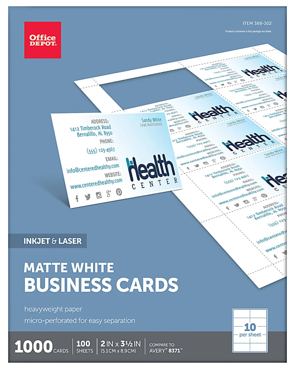 Office Depot® Brand Matte Business Cards, 2" x 3 1/2", White, Pack Of 1,000