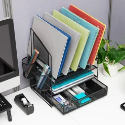 Office Depot® Brand Mesh Desk Organizer With Vertical Storage And Pen Holders, 16"H x 12-3/4"W x 9-1/2"D, Black