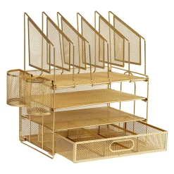 Office Depot® Brand Mesh Desk Organizer With Vertical Storage And Pen Holders, 16"H x 12-3/4"W x 9-1/2"D, Gold