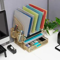 Office Depot® Brand Mesh Desk Organizer With Vertical Storage And Pen Holders, 16"H x 12-3/4"W x 9-1/2"D, Gold