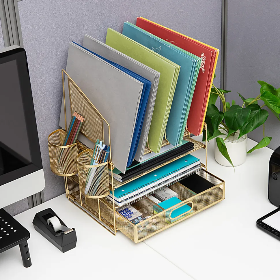 Office Depot® Brand Mesh Desk Organizer With Vertical Storage And Pen Holders, 16"H x 12-3/4"W x 9-1/2"D, Gold