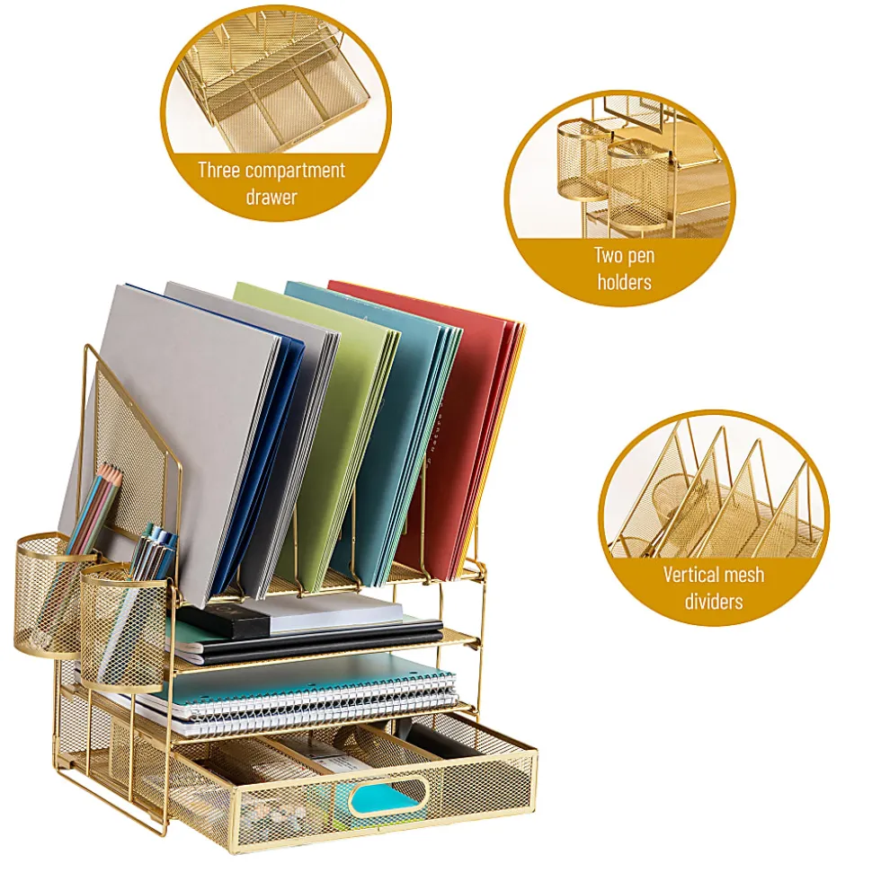 Office Depot® Brand Mesh Desk Organizer With Vertical Storage And Pen Holders, 16"H x 12-3/4"W x 9-1/2"D, Gold