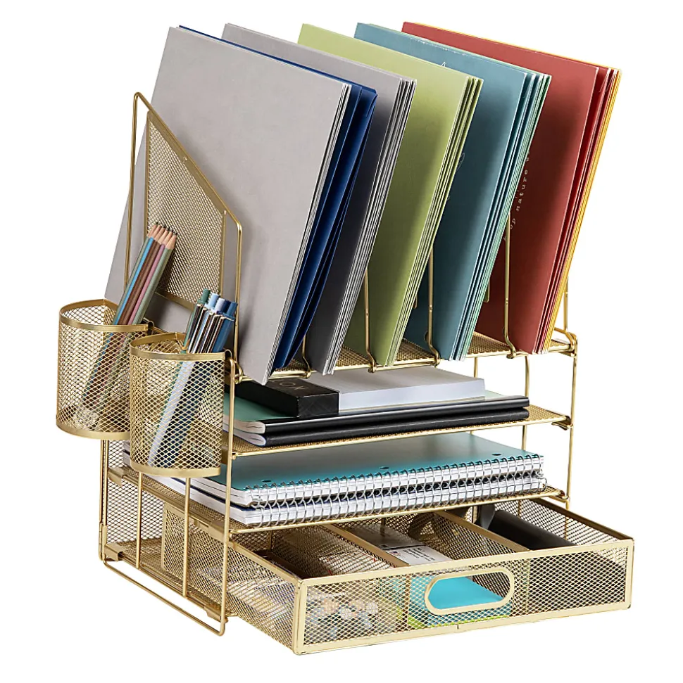 Office Depot® Brand Mesh Desk Organizer With Vertical Storage And Pen Holders, 16"H x 12-3/4"W x 9-1/2"D, Gold